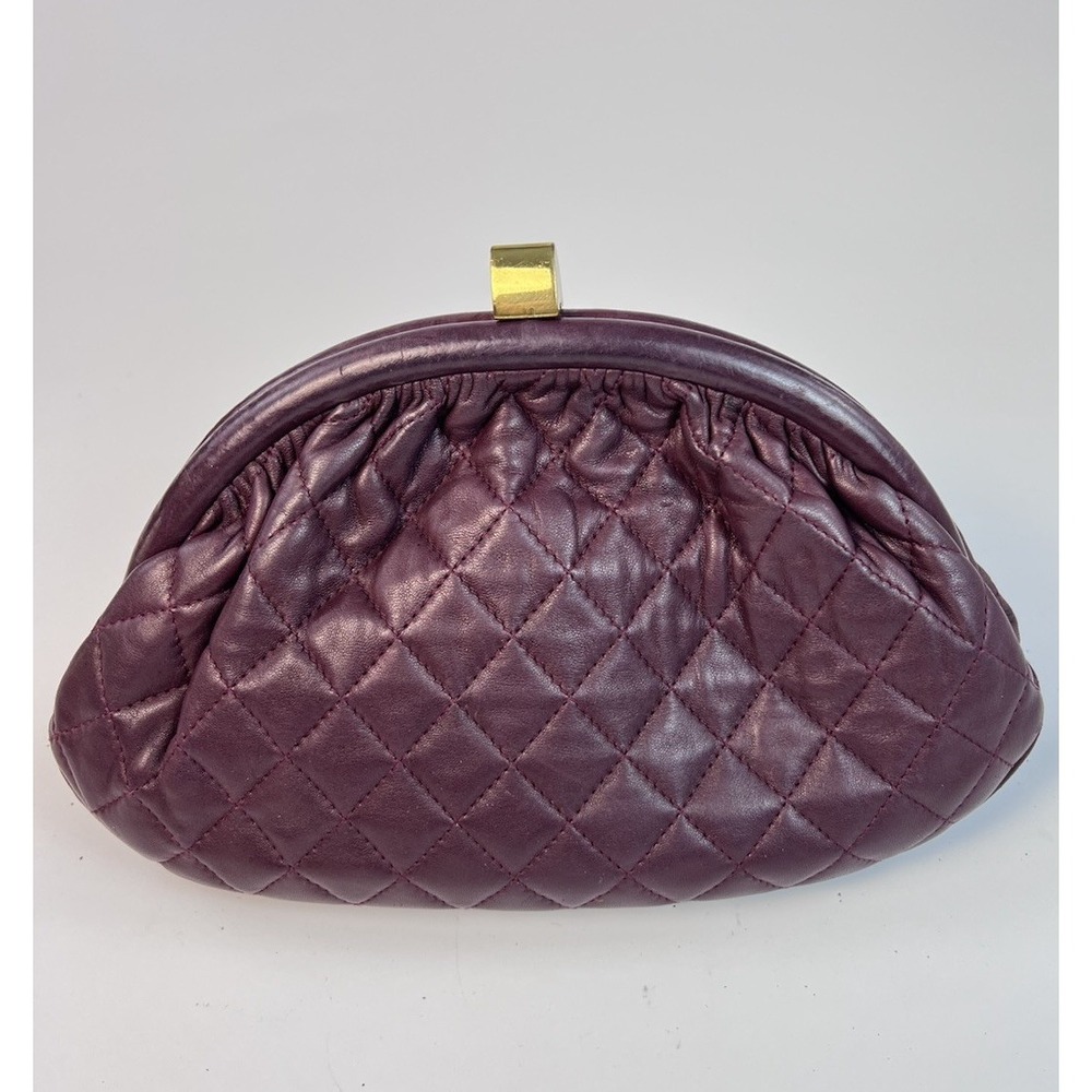 Vintage Jay Herbert New York Quilted Leather Kiss Lock Chain Crossbody Bag Plum - Picture 2 of 10